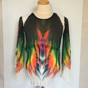 Dolcezza Womens Pleated Top Large Multicolor Pattern Drawstring Long Sleeve